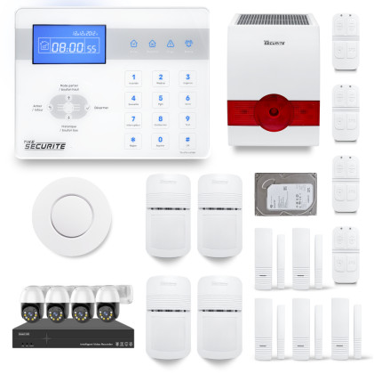 Ensemble NVR POE 4 caméras motorisées + Alarme sans fil ICE-Bi 4 à 5 pièces sirène solaire et détecteur fumée + Dd 500GB