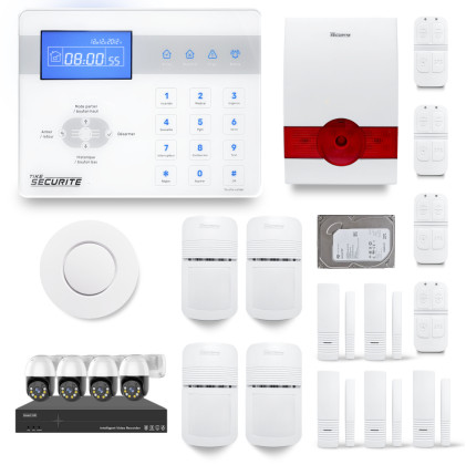 Ensemble NVR POE 4 caméras motorisées + Alarme sans fil ICE-Bi 4 à 5 pièces sirène autonome et détecteur fumée + Dd 500GB