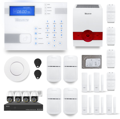 Ensemble NVR POE 4 caméras motorisées + Alarme sans fil SHBi 4 à 5 pièces sirène solaire et détecteur fumée + Dd 500GB