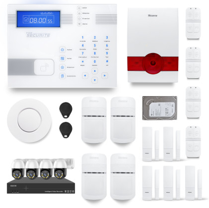 Ensemble NVR POE 4 caméras motorisées + Alarme sans fil SHBi 4 à 5 pièces sirène autonome et détecteur fumée + Dd 500GB