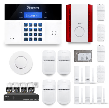 Ensemble NVR POE 4 caméras motorisées + Alarme sans fil DNBi 4 à 5 pièces sirène extérieure et détecteur fumée + Dd 500GB