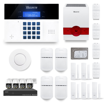 Ensemble NVR POE 4 caméras motorisées + Alarme sans fil DNBi 4 à 5 pièces sirène solaire et détecteur fumée + Dd 500GB