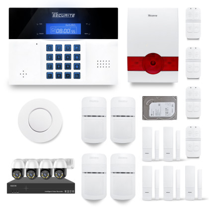 Ensemble NVR POE 4 caméras motorisées + Alarme sans fil DNBi 4 à 5 pièces sirène autonome et détecteur fumée + Dd 500GB